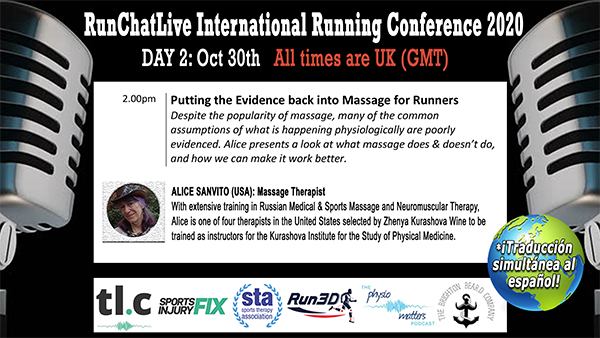 RunChatLive Running Conference this Thursday & Friday! Speaker 9 of 10 – Alice Sanvito ‘Putting the Evidence back into Massage for Runners’